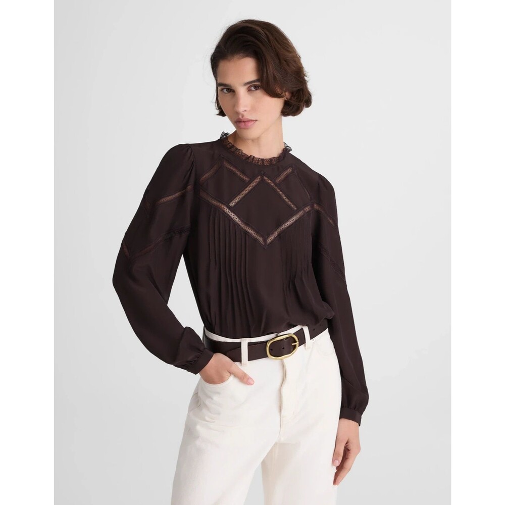 MADEWELL Lace-Inset Mock Neck Top S Molasses Brown Long Sleeve Silky NWT B15